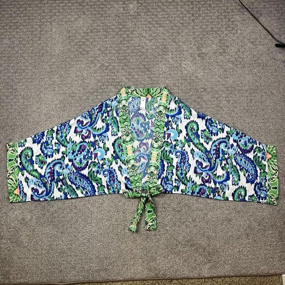 Nordstrom Rack Kimono Cardigan Womens One Size Blue Green Paisley Ikat Crop Boho - Picture 1 of 10